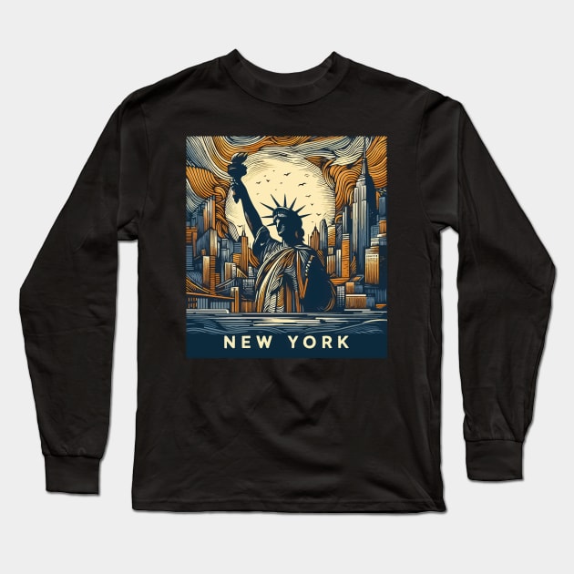 The Statue of liberty New York Abstract Cityscape Long Sleeve T-Shirt by TomFrontierArt